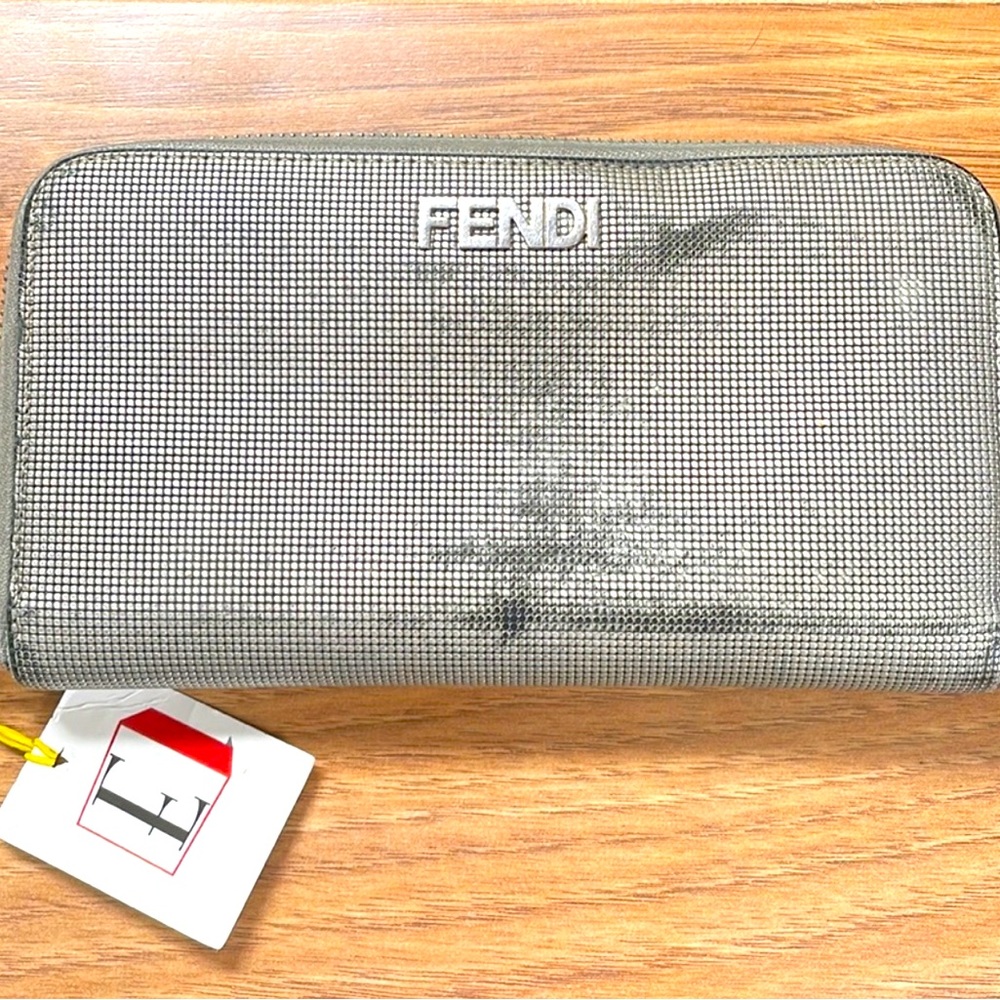 1163 Fendi Silver Canvas Zipper Around Wallet